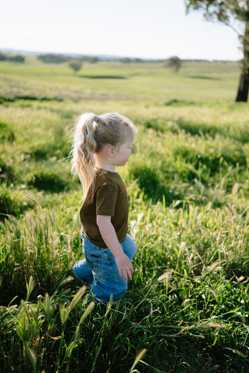 Child in the brown CURRENTLY FERAL kids t-shirt walking through long grass in a paddock
