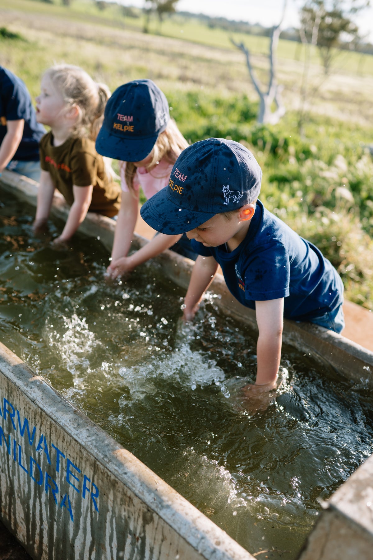 Kids in TEAM KELPIE caps splashing in a farm water trough