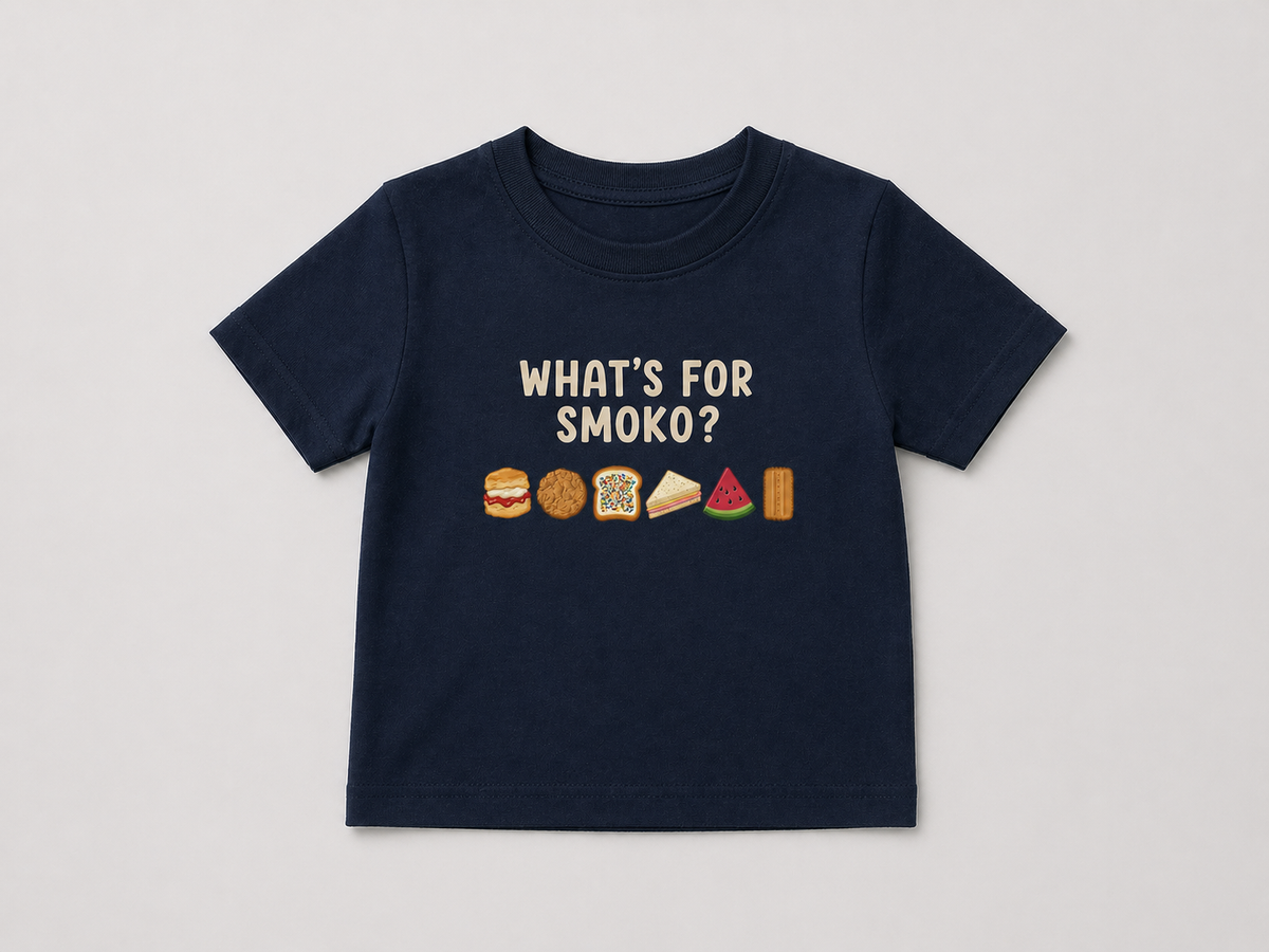 Navy WHAT'S FOR SMOKO? kids t-shirt with scones, fairy bread, watermelon and biscuits across the chest