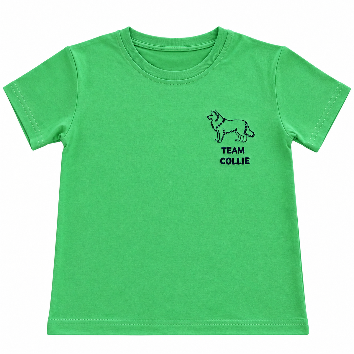 Green TEAM COLLIE kids t-shirt with a Border Collie embroidered on the chest